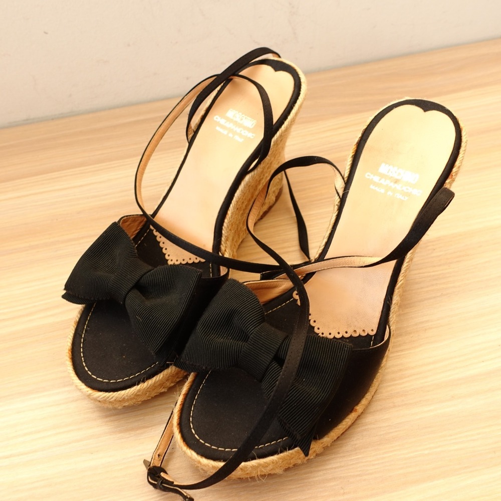 MOSCHINO Espadrille Sandals Women 39 9 Black Jute Wedge Satin Bow Summer Italian